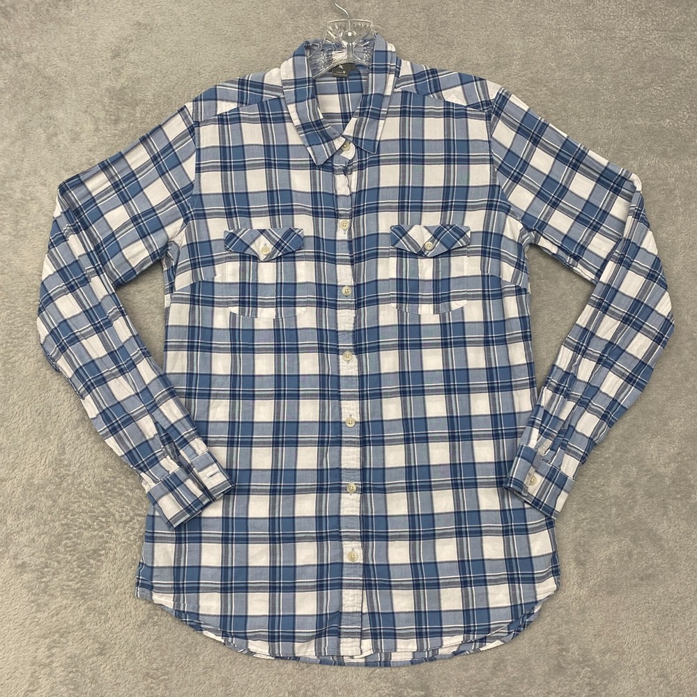 Eddie Bauer Shirt Womens Medium Blue Plaid Button Up Cotton Cargo Pockets